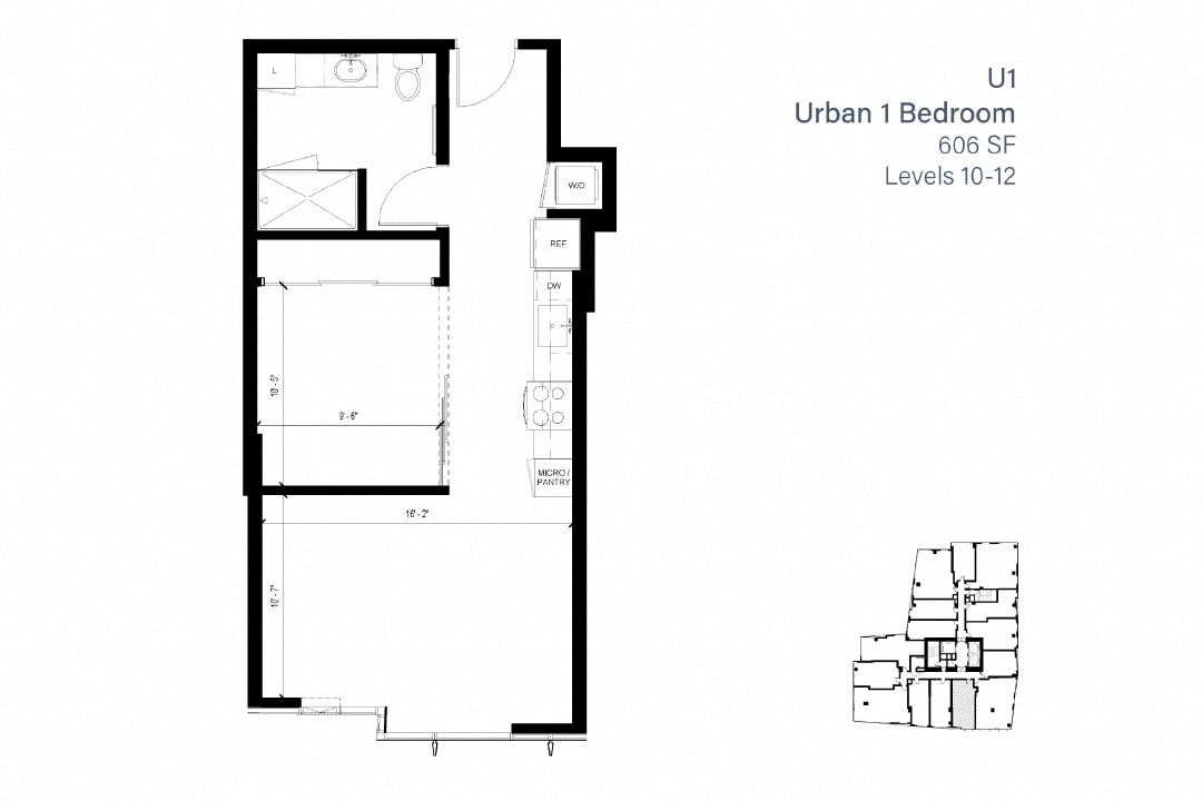 Floor plan for 1 bed, 1 bath, 613 sqft